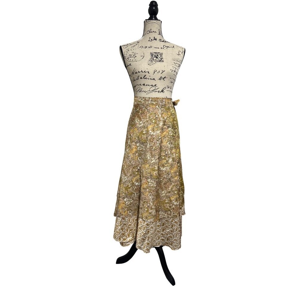 KARIZA Wrap Maxi Skirt Gold Paisley Print Womens S Boho Style Made In India